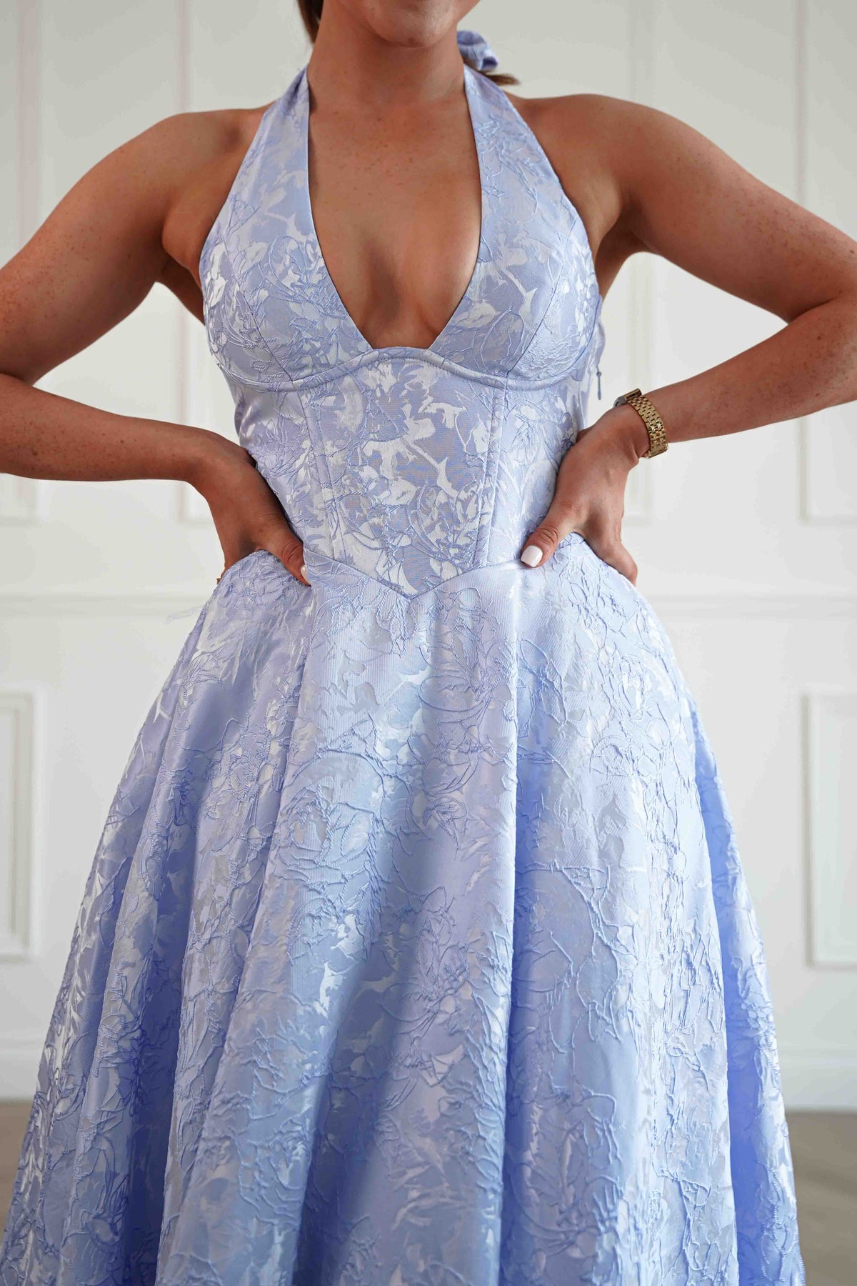 Mila Jacquard Plunge Midi Dress | Blue-Oh Hello Clothing