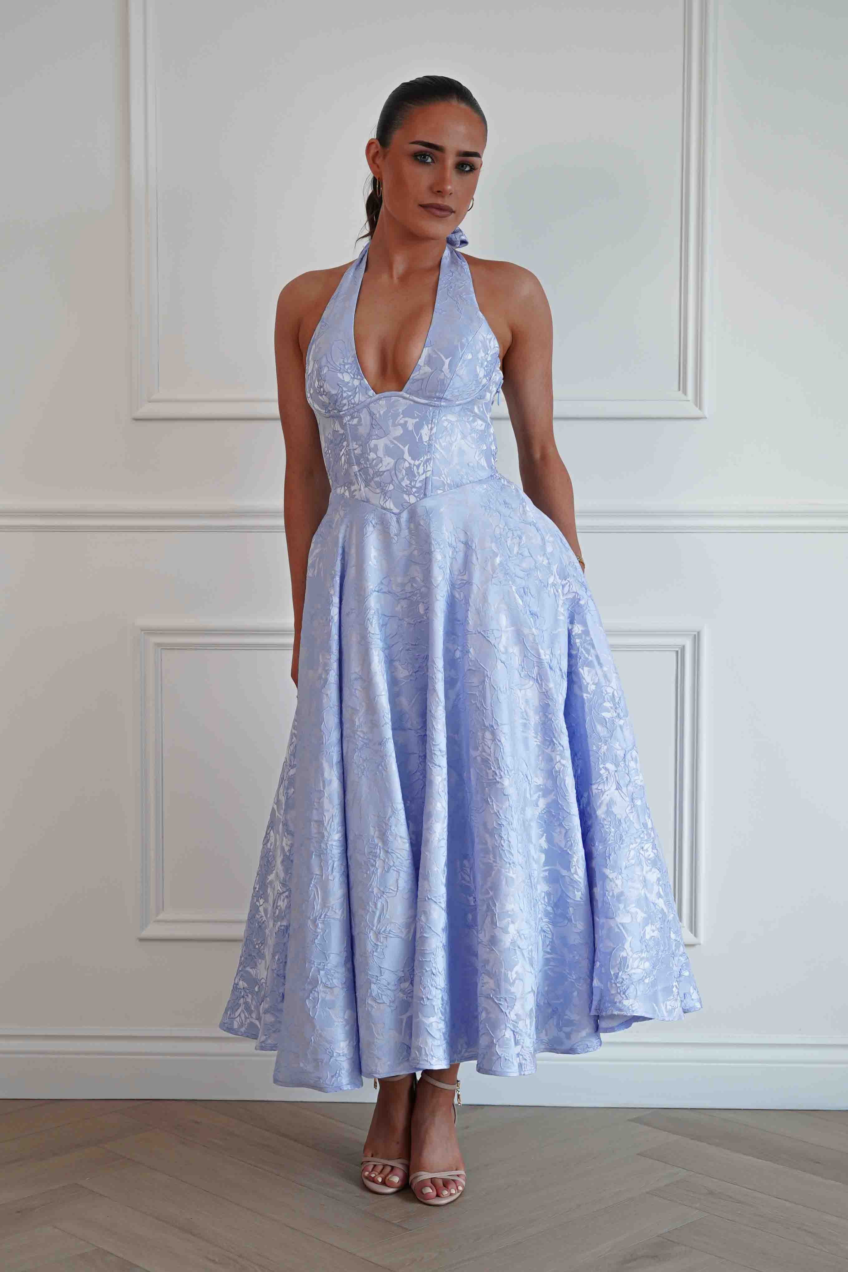 Blue Jacquard Wedding Guest Midi Dress | Mila | Oh Hello | USA