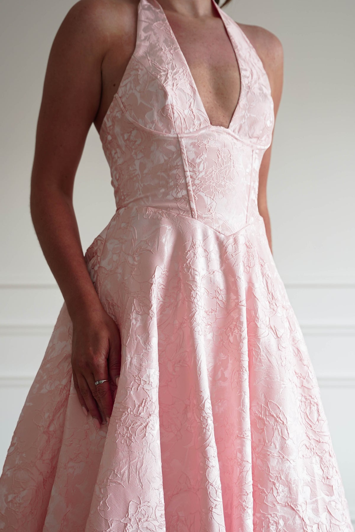 Mila Jacquard Plunge Midi Dress | Blush-Oh Hello Clothing