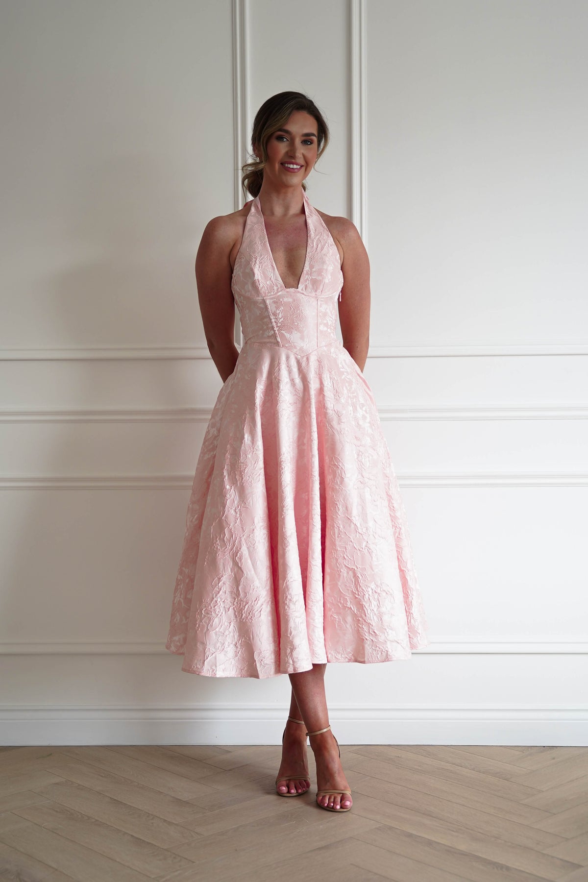 Mila Jacquard Plunge Midi Dress | Blush-Oh Hello Clothing