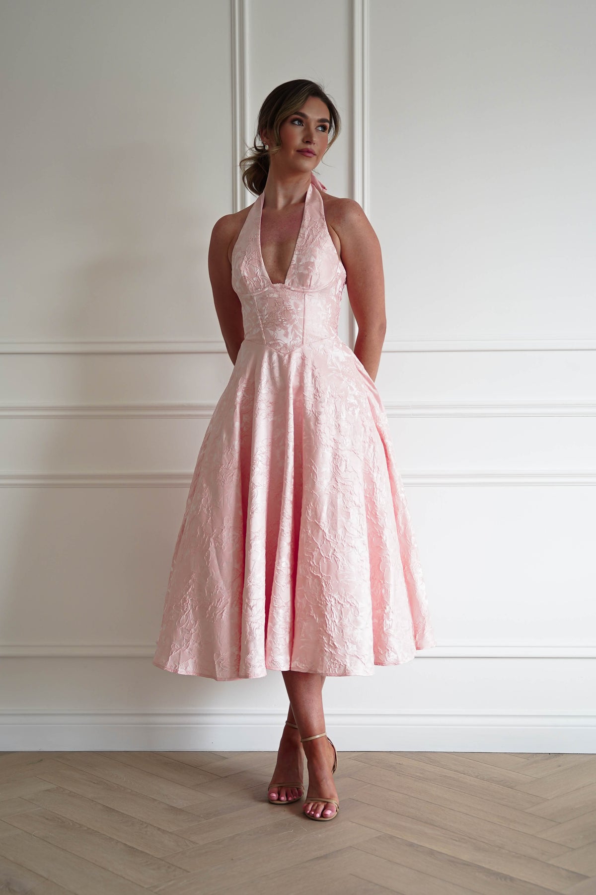 Mila Jacquard Plunge Midi Dress | Blush-Oh Hello Clothing