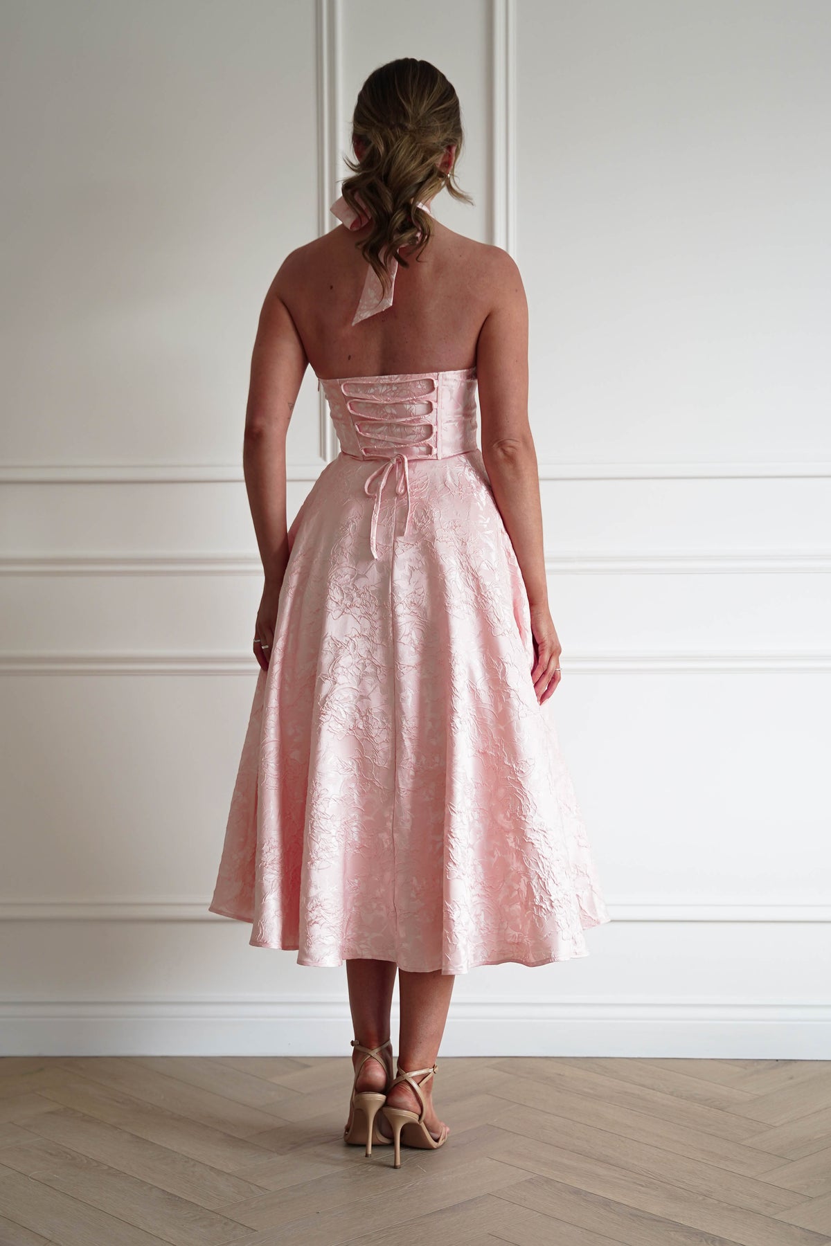 Mila Jacquard Plunge Midi Dress | Blush-Oh Hello Clothing