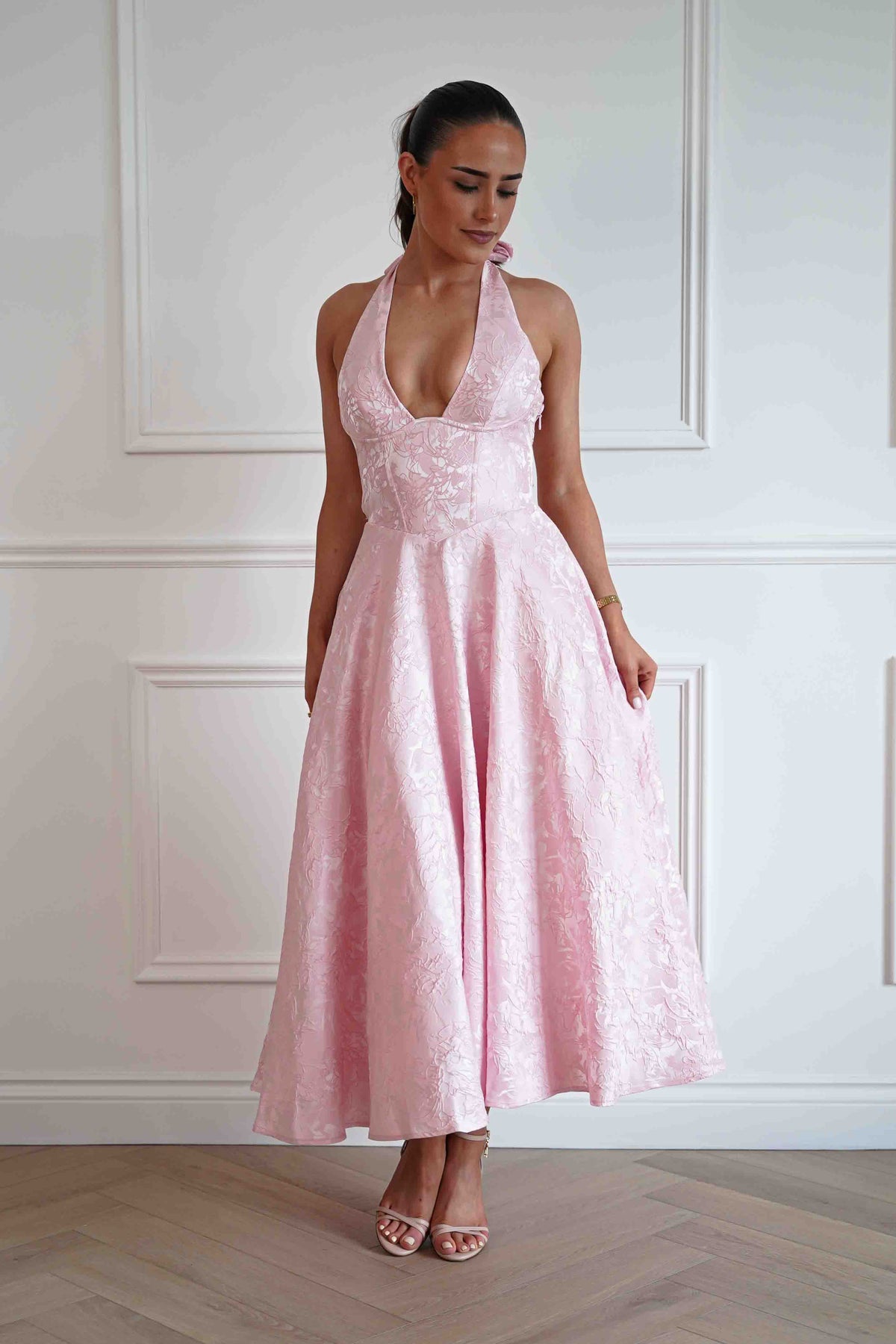 Mila Jacquard Plunge Midi Dress | Pink-Oh Hello Clothing