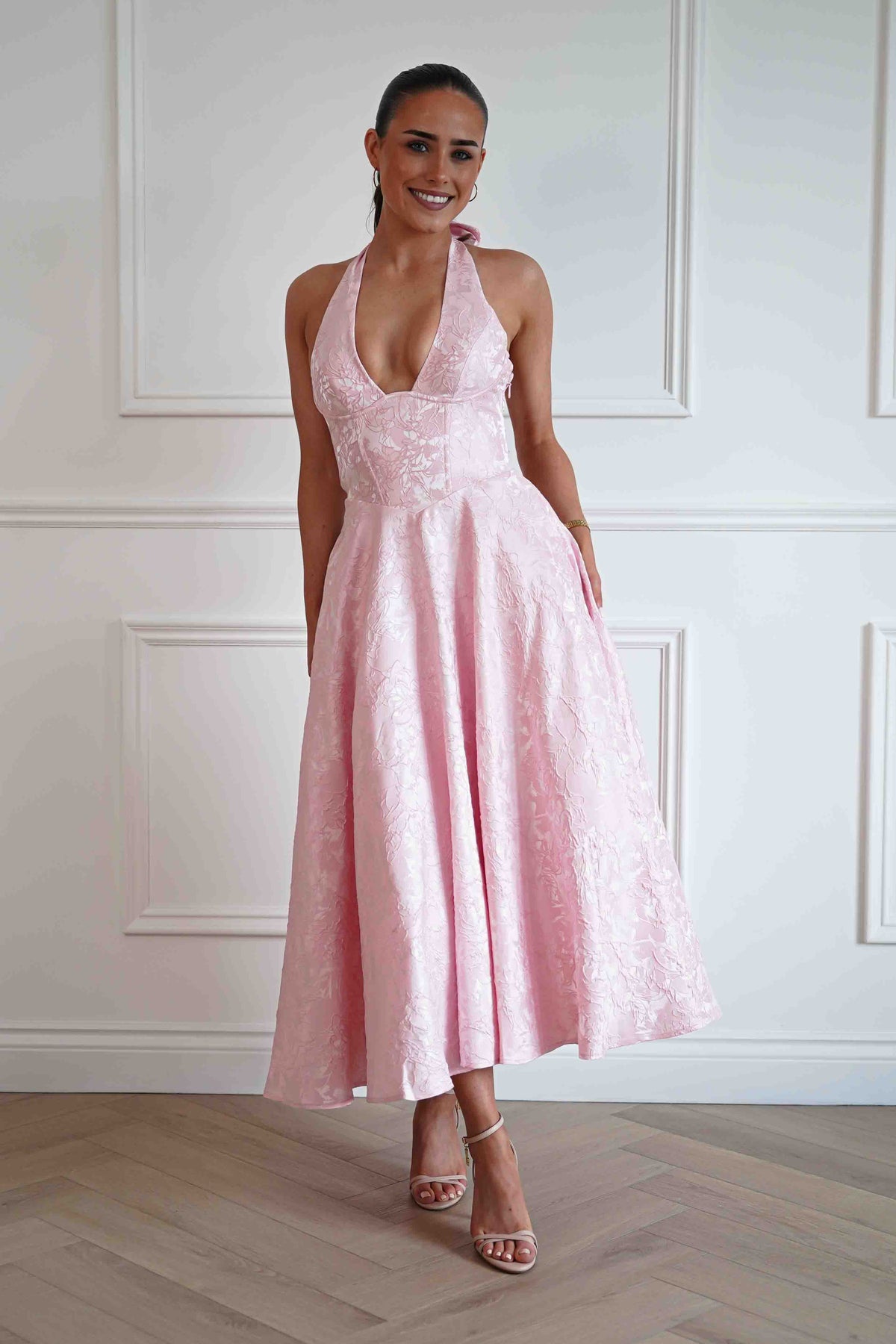 Mila Jacquard Plunge Midi Dress | Pink-Oh Hello Clothing
