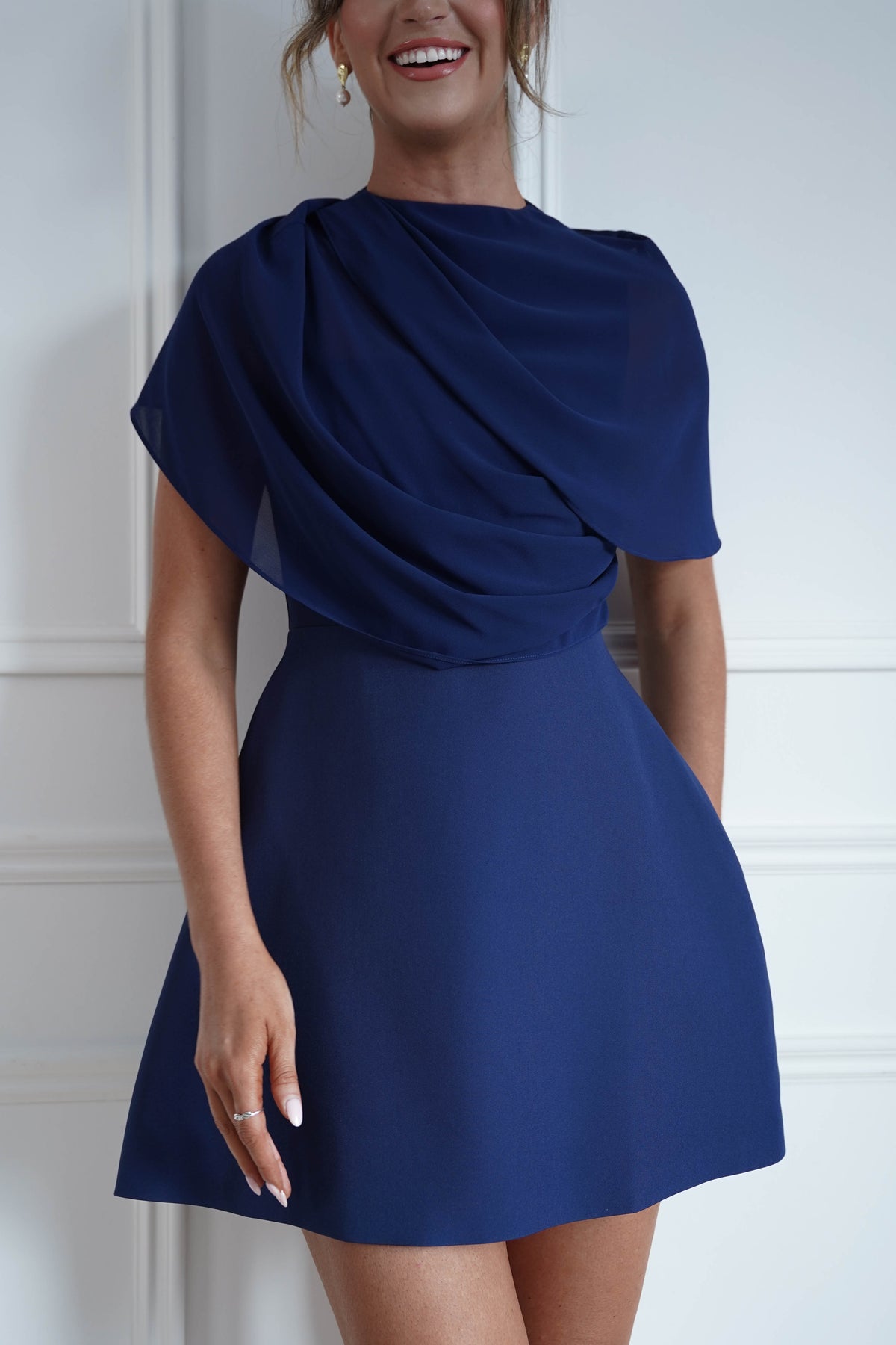 * FTY | Navy Structured Chiffon Cape Mini Dress-Oh Hello Clothing