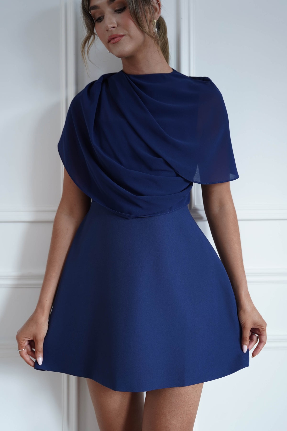 * FTY | Navy Structured Chiffon Cape Mini Dress-Oh Hello Clothing