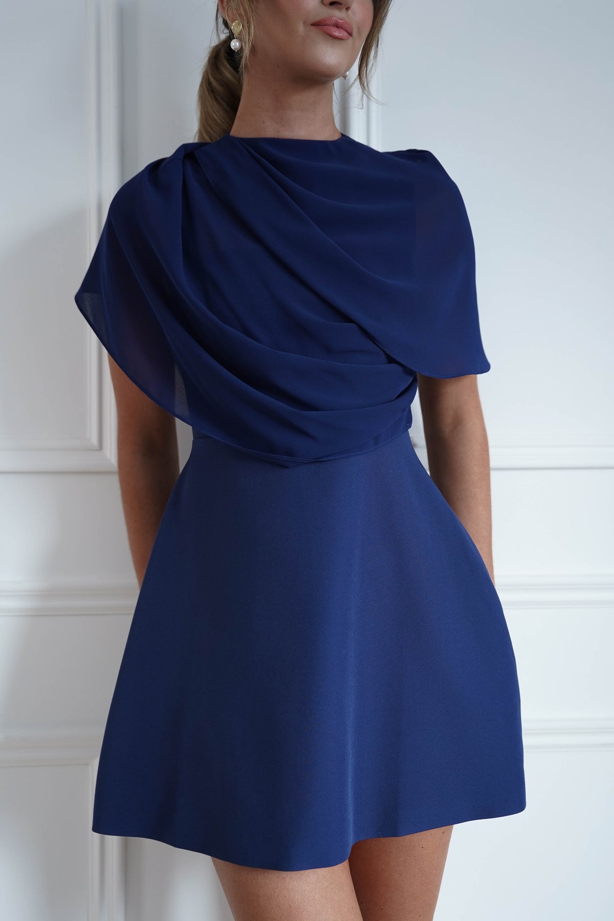 * FTY | Navy Structured Chiffon Cape Mini Dress-Oh Hello Clothing