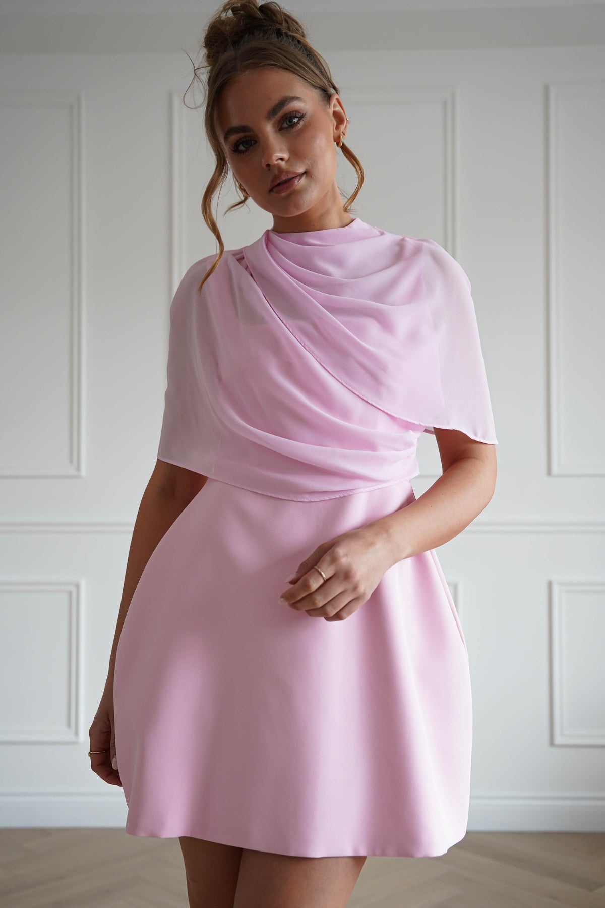 Millie Structured Chiffon Cape Mini Dress | Pink-Oh Hello Clothing