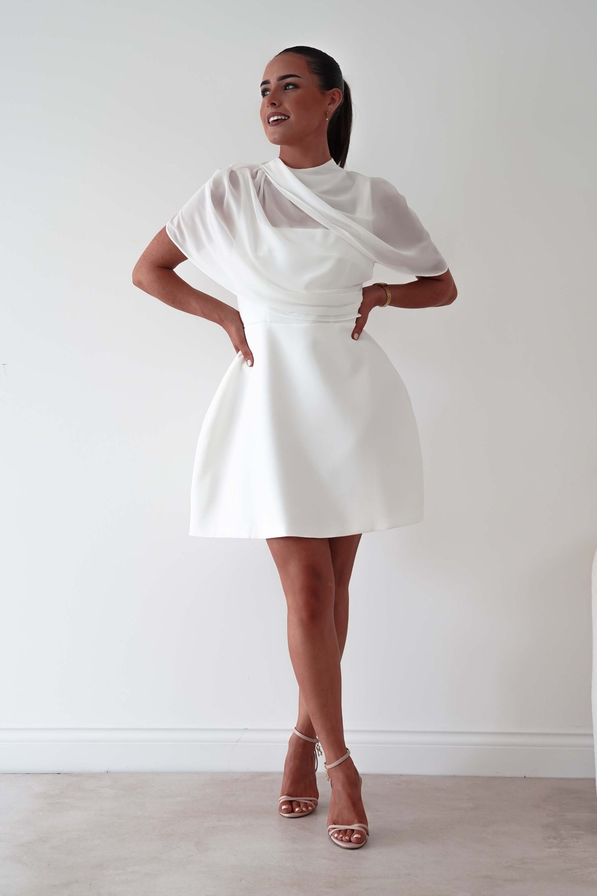 Millie Structured Chiffon Cape Mini Dress | White-Oh Hello Clothing