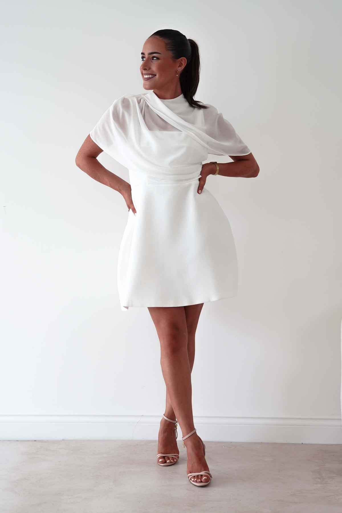 Millie Structured Chiffon Cape Mini Dress | White-Oh Hello Clothing