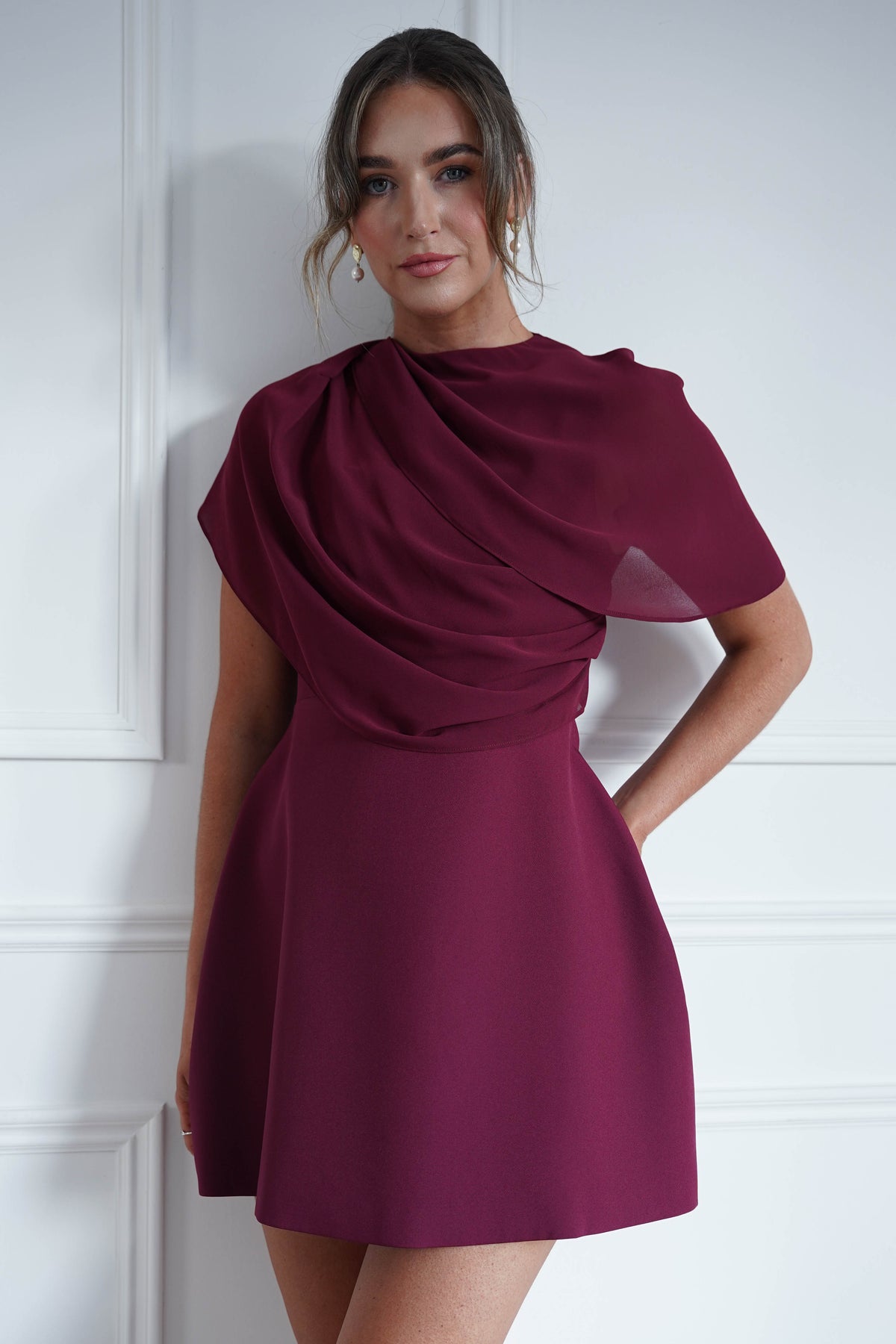 * FTY | Burgundy Structured Chiffon Cape Mini Dress-Oh Hello Clothing