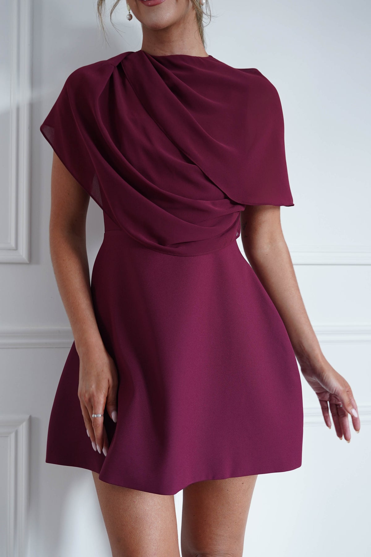 * FTY | Burgundy Structured Chiffon Cape Mini Dress-Oh Hello Clothing