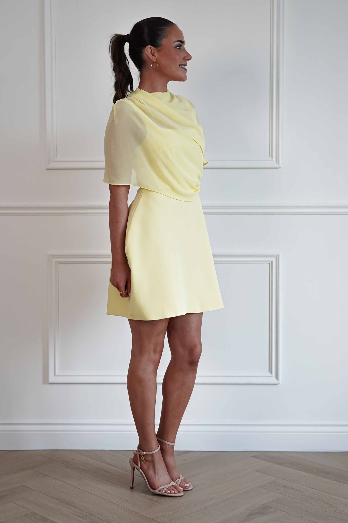 Millie Structured Chiffon Cape Mini Dress | Yellow-Oh Hello Clothing