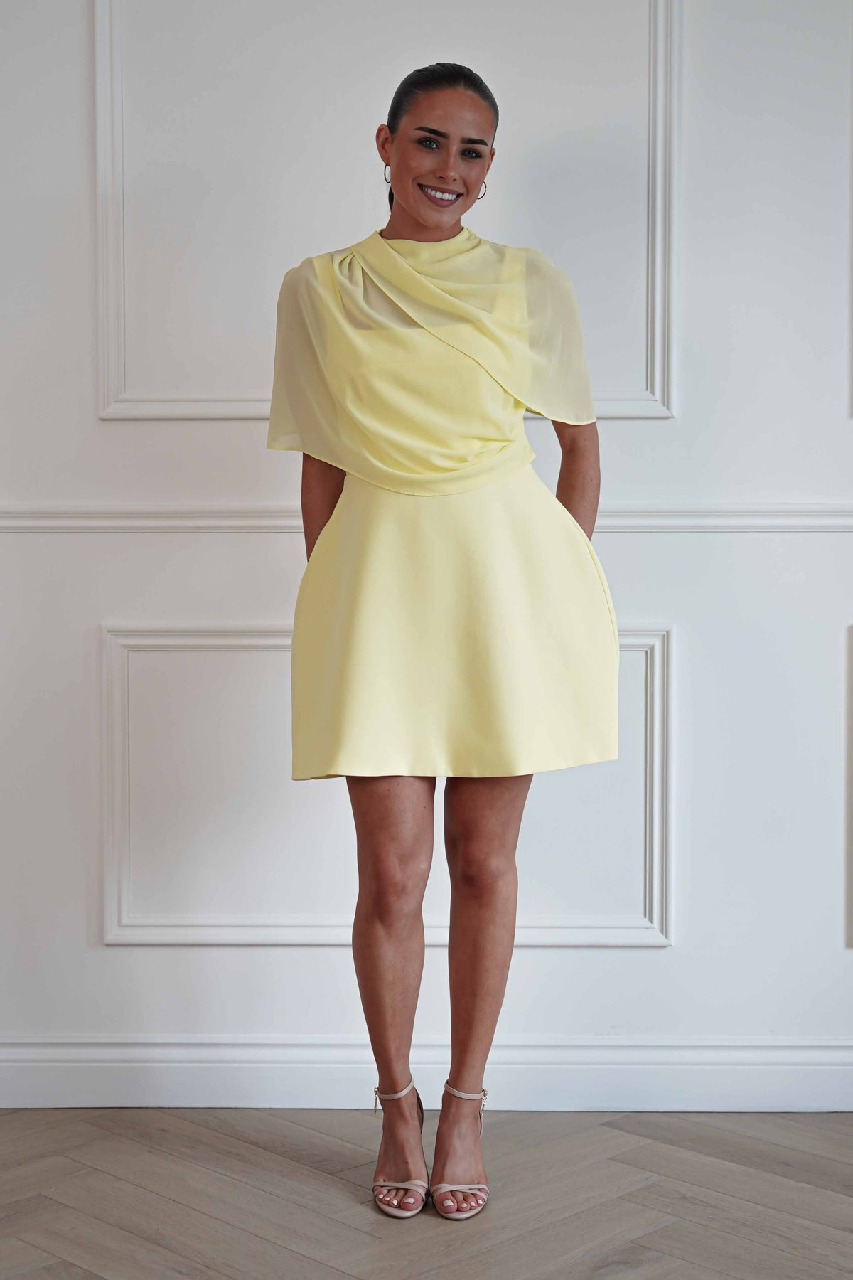 Millie Structured Chiffon Cape Mini Dress | Yellow-Oh Hello Clothing