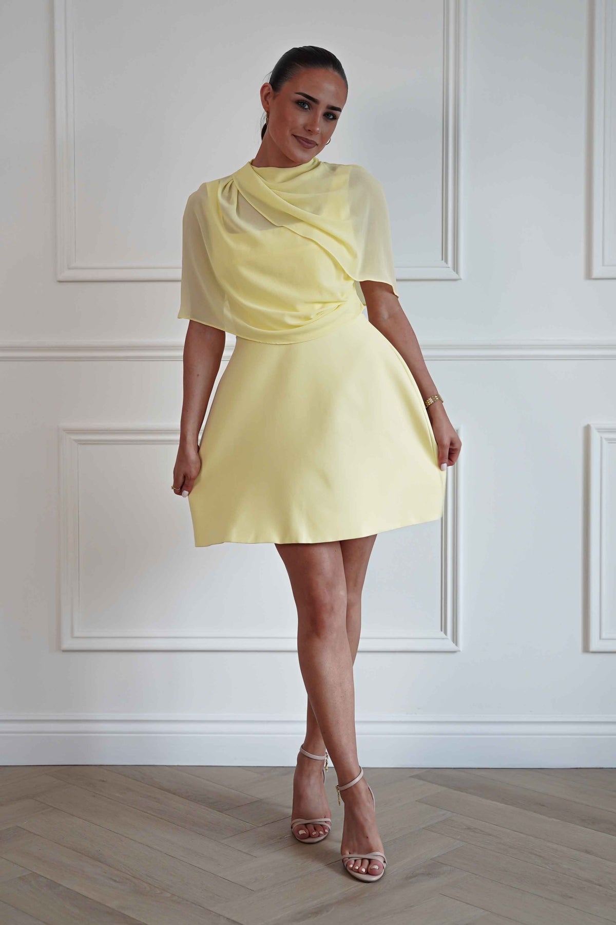 Millie Structured Chiffon Cape Mini Dress | Yellow-Oh Hello Clothing