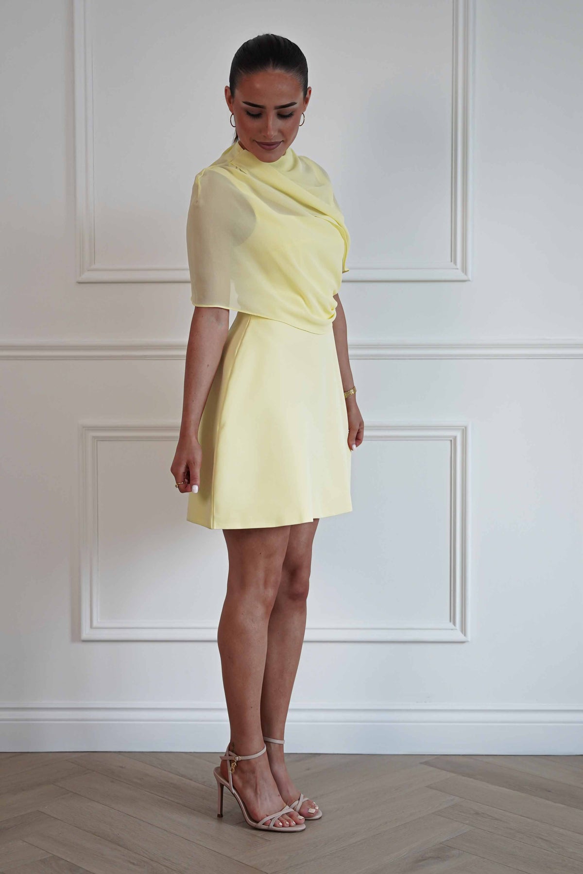 Millie Structured Chiffon Cape Mini Dress | Yellow-Oh Hello Clothing