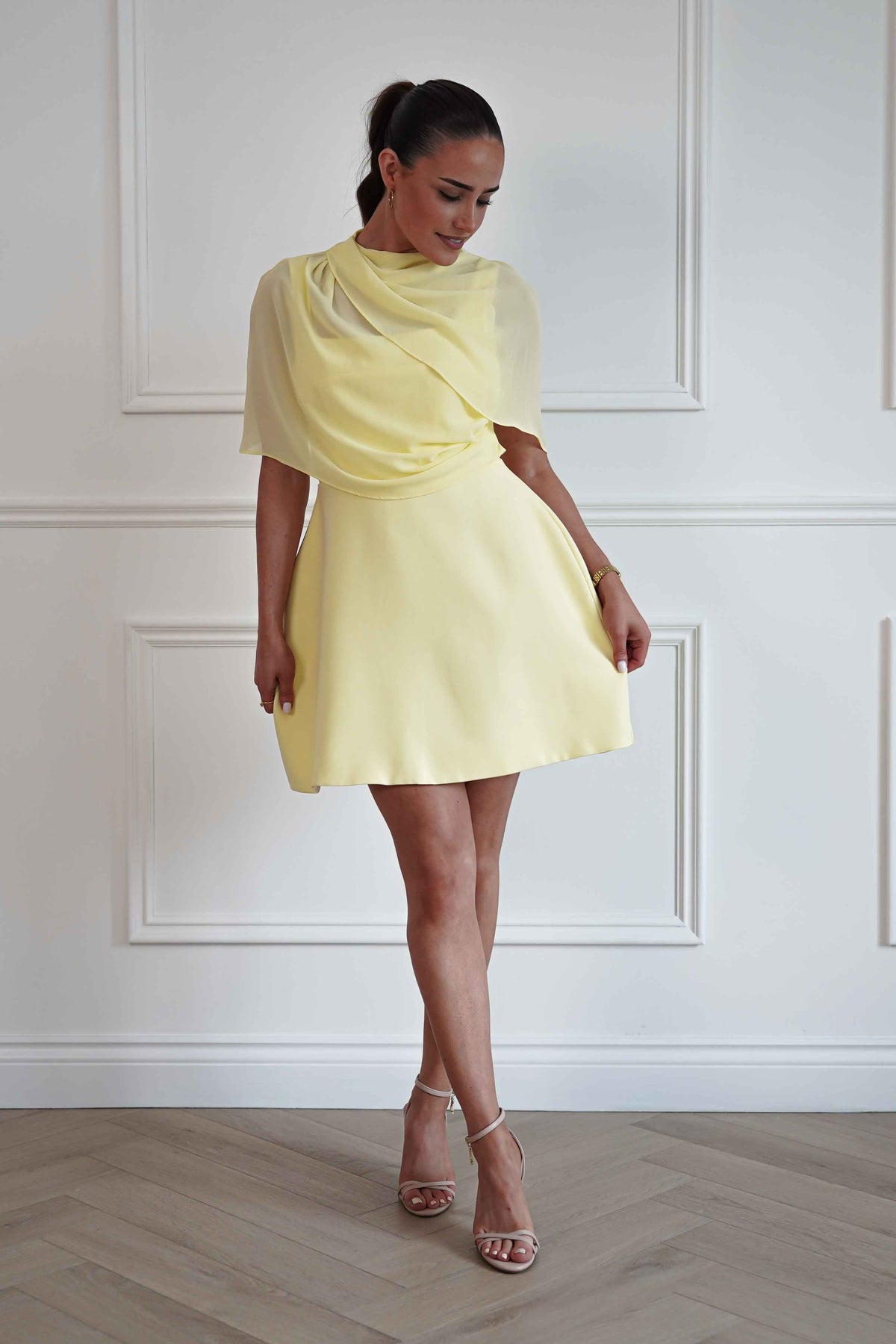 Millie Structured Chiffon Cape Mini Dress | Yellow-Oh Hello Clothing