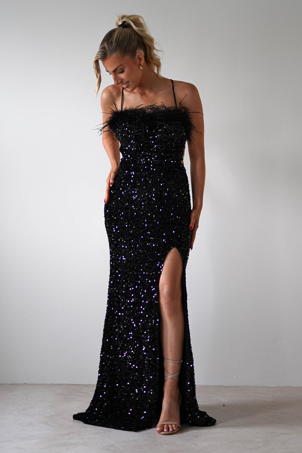 Mira Sequin Feather Maxi Gown | Black-Oh Hello Clothing