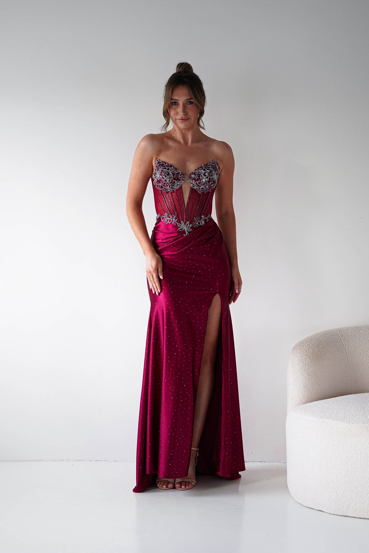 Monaco Rhinestone Strapless Gown | Dark Red-Oh Hello Clothing