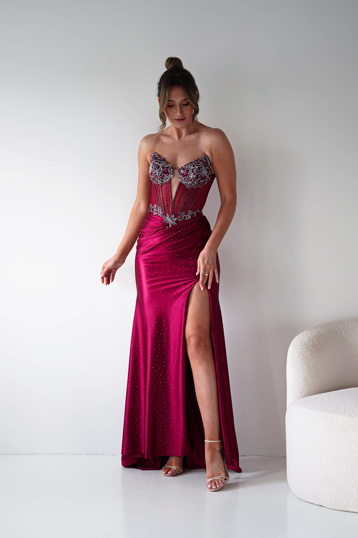 Monaco Rhinestone Strapless Gown | Dark Red-Oh Hello Clothing