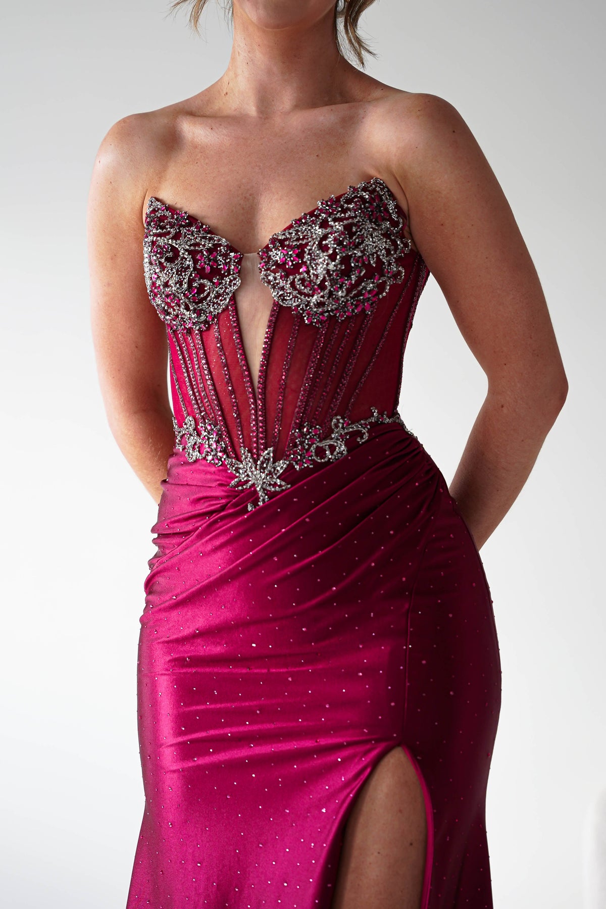 Monaco Rhinestone Strapless Gown | Dark Red-Oh Hello Clothing