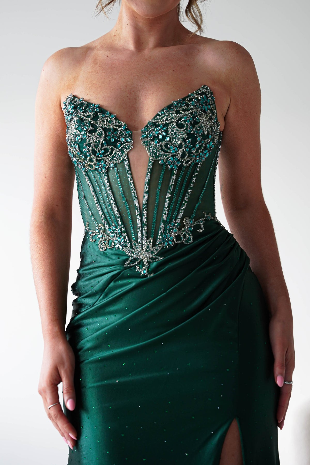 Monaco Rhinestone Strapless Gown | Emerald Green-Oh Hello Clothing