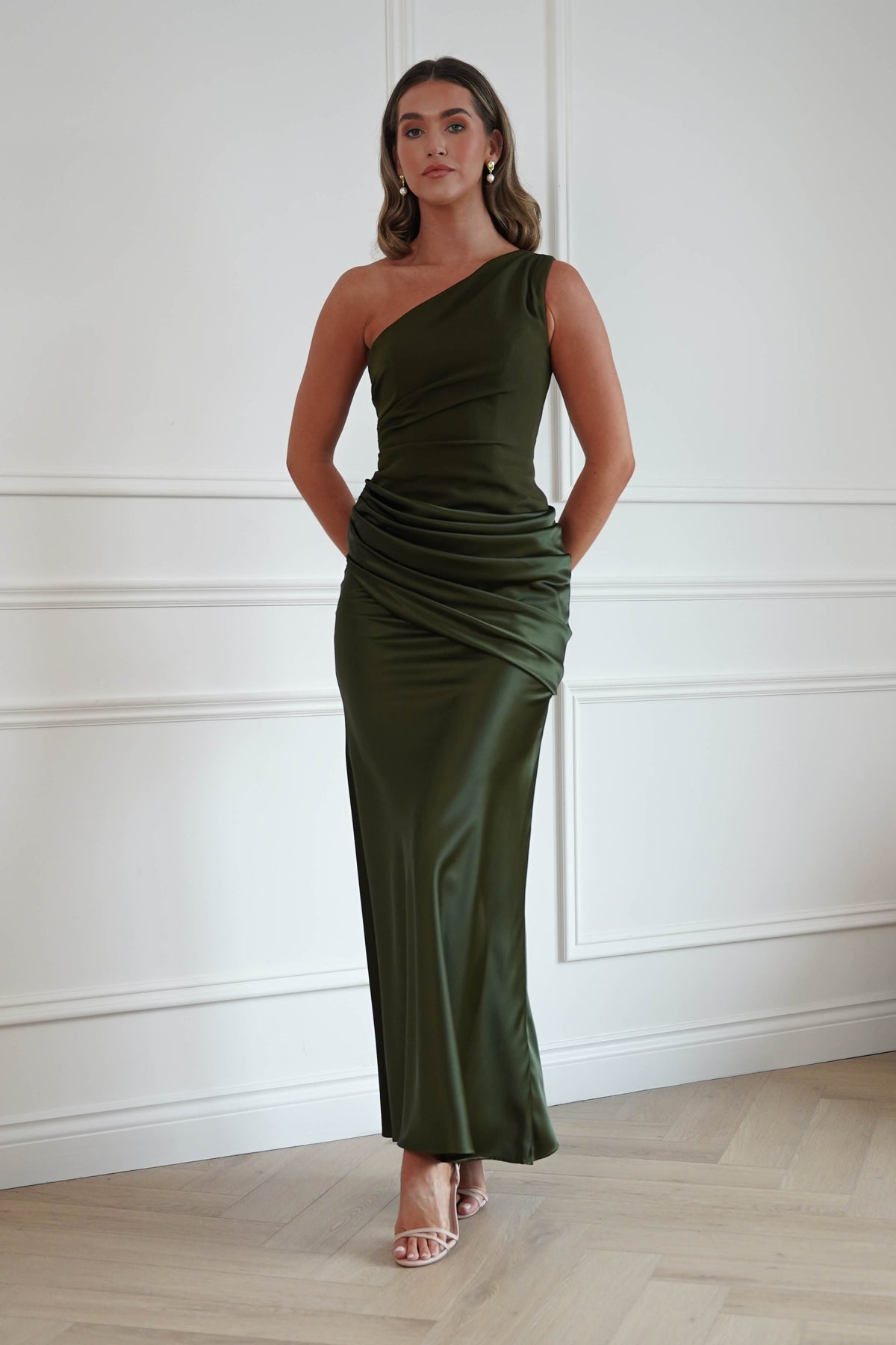 Nadalia One Shoulder Satin Maxi Dress | Olive