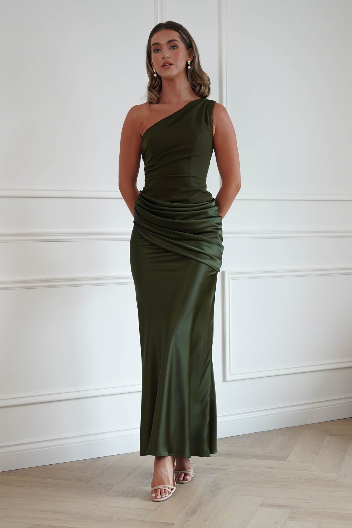 Oh Hello Clothing Dresses > Prom Dresses Nadalia One Shoulder Satin Maxi Dress | Olive