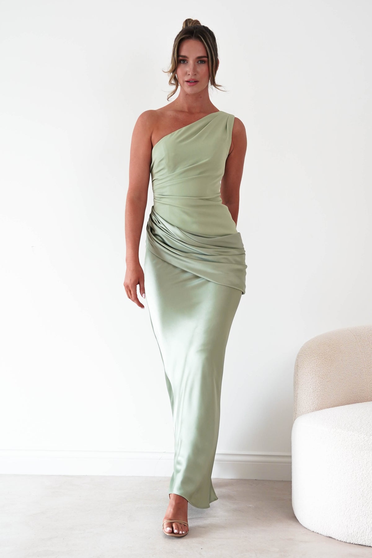 Nadalia One Shoulder Satin Maxi Dress | Sage-Oh Hello Clothing
