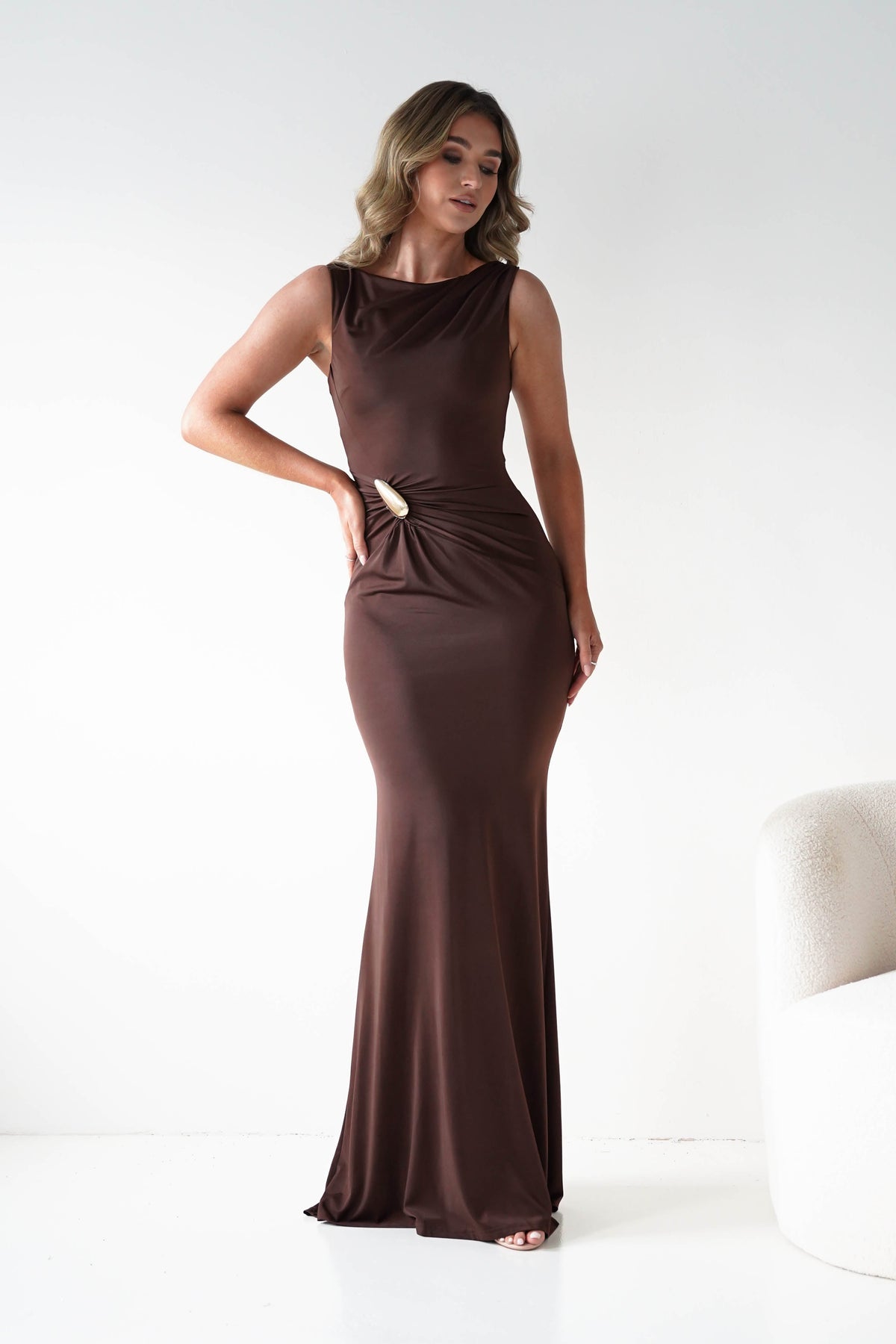 Nadiane Bodycon Gold Detail Maxi Dress | Brown-Oh Hello Clothing