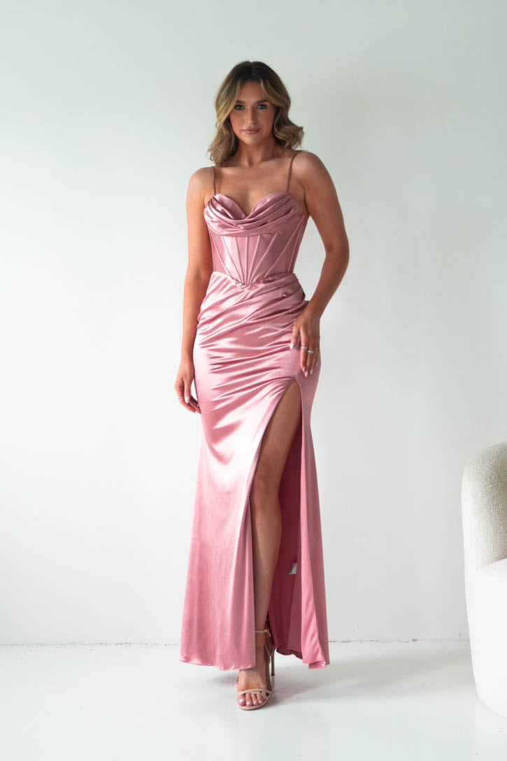 Naida Draped Corset Satin Maxi Dress | Rose-Oh Hello Clothing