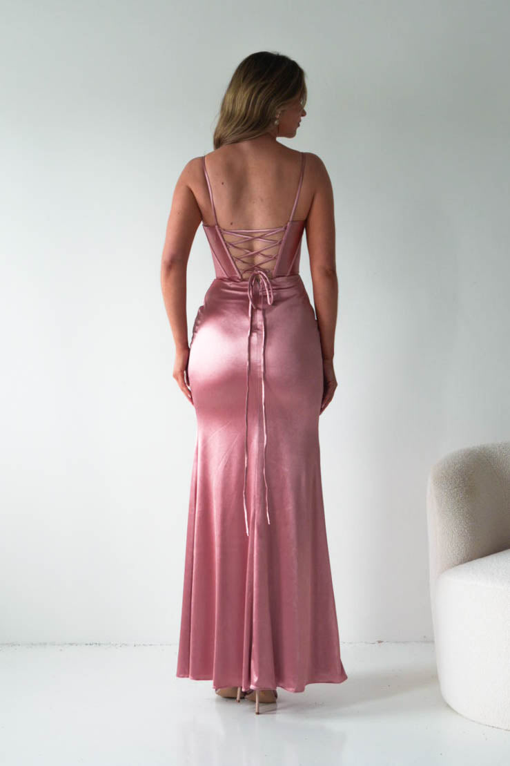 Naida Draped Corset Satin Maxi Dress | Rose-Oh Hello Clothing