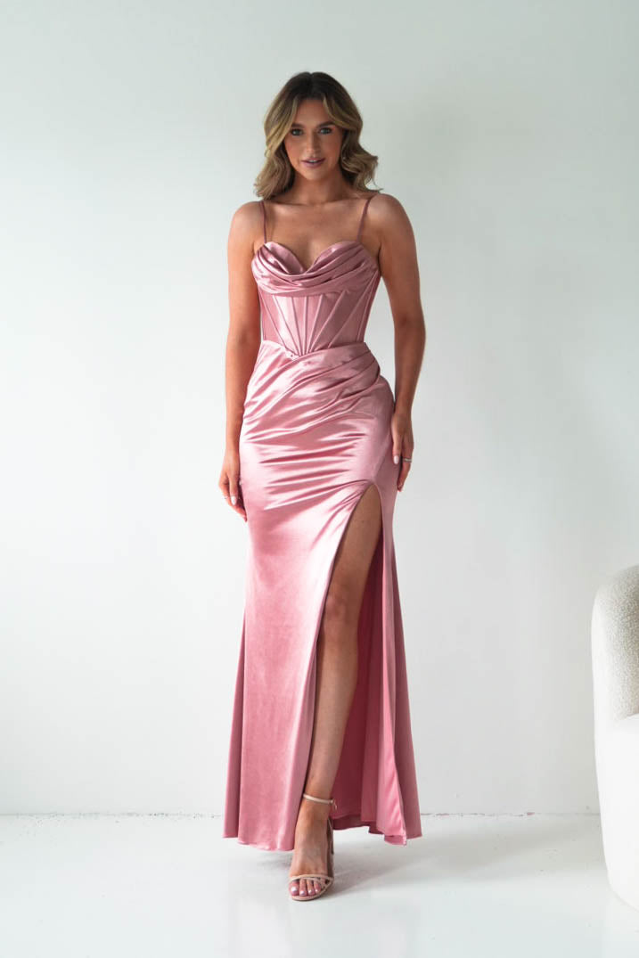 Naida Draped Corset Satin Maxi Dress | Rose-Oh Hello Clothing