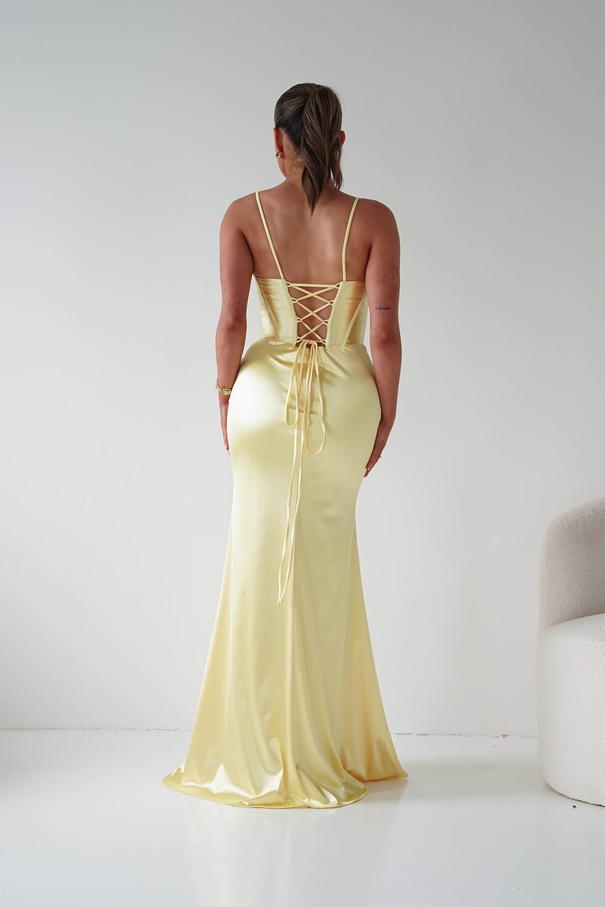 Naida Draped Corset Satin Maxi Dress | Yellow-Oh Hello Clothing