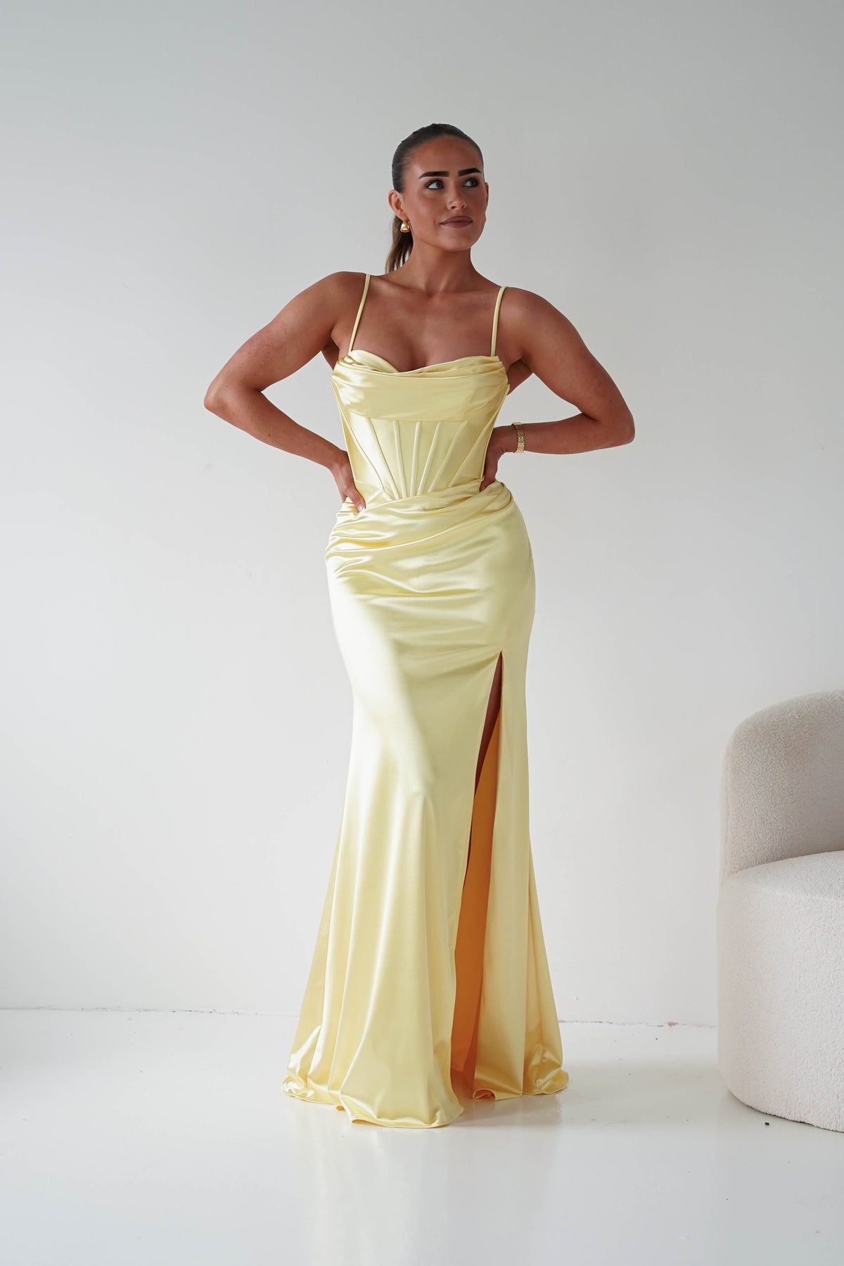 Naida Draped Corset Satin Maxi Dress | Yellow-Oh Hello Clothing