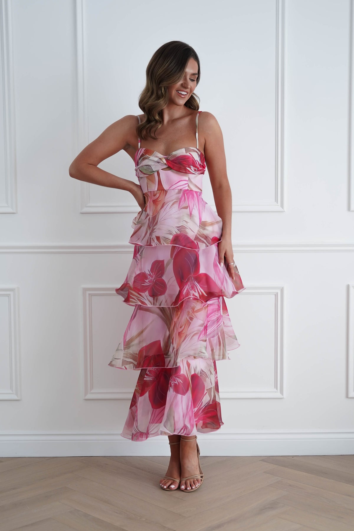 Nelly Floral Tiered Ruffle Maxi Dress | Pink Print-Oh Hello Clothing
