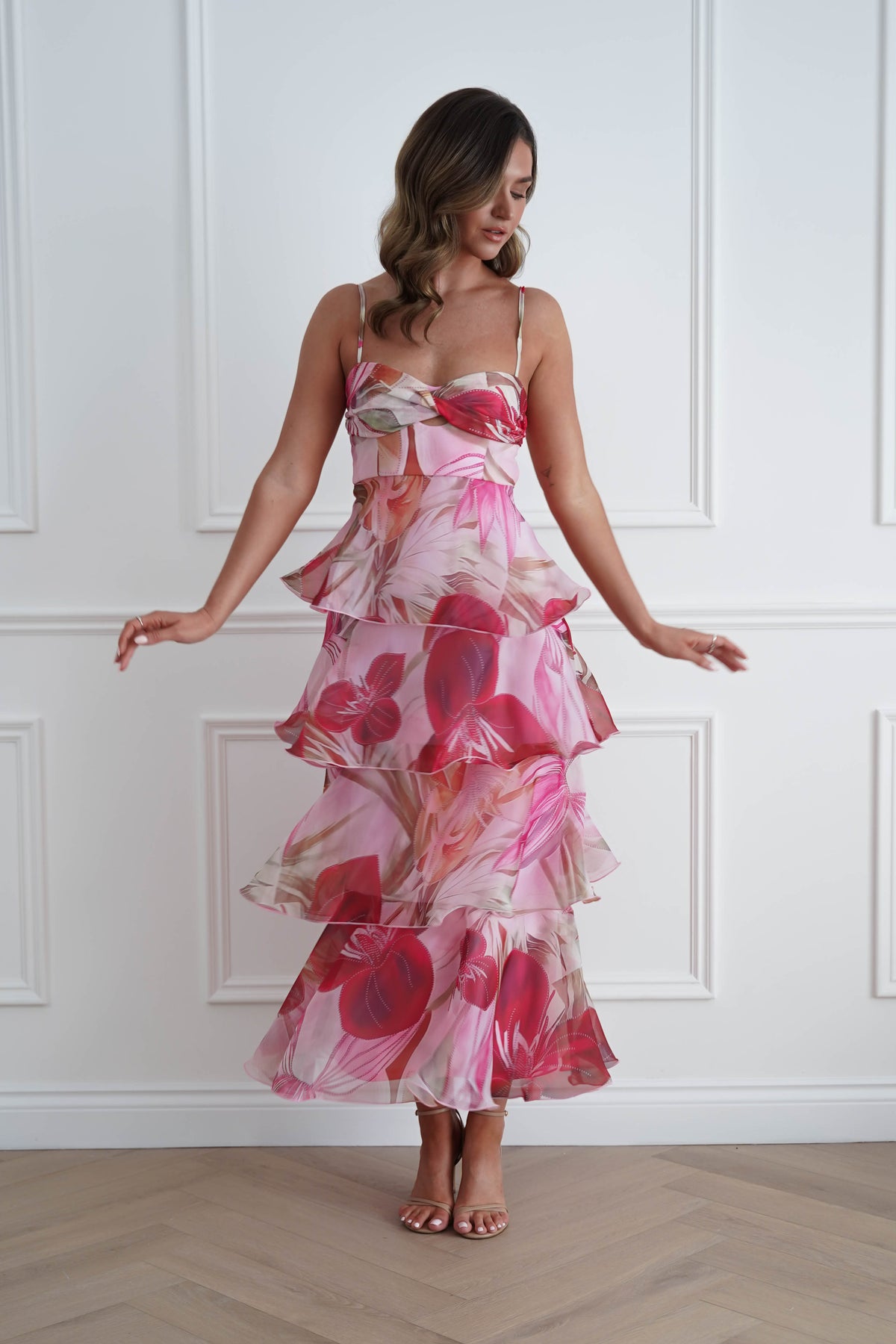 Nelly Floral Tiered Ruffle Maxi Dress | Pink Print-Oh Hello Clothing
