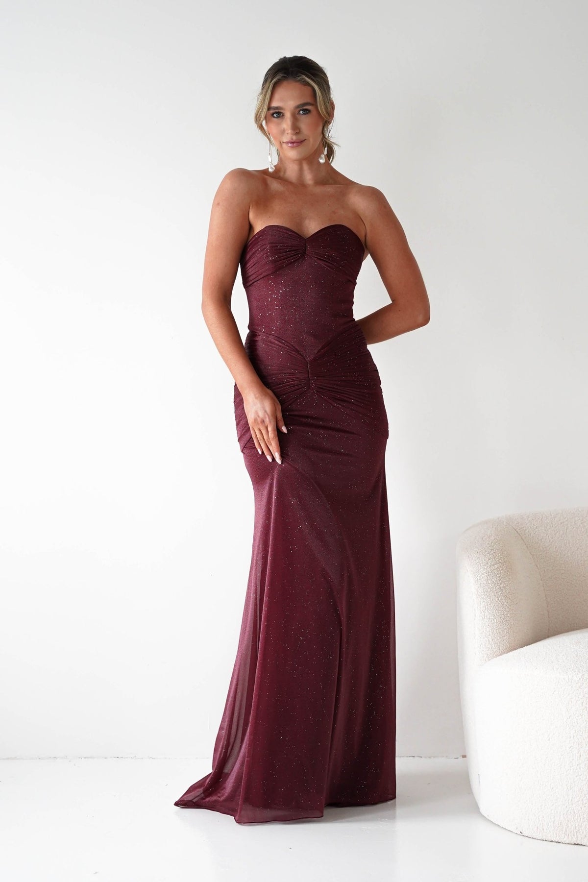 Nicola Strapless Glitter Gown | Burgundy-Oh Hello Clothing
