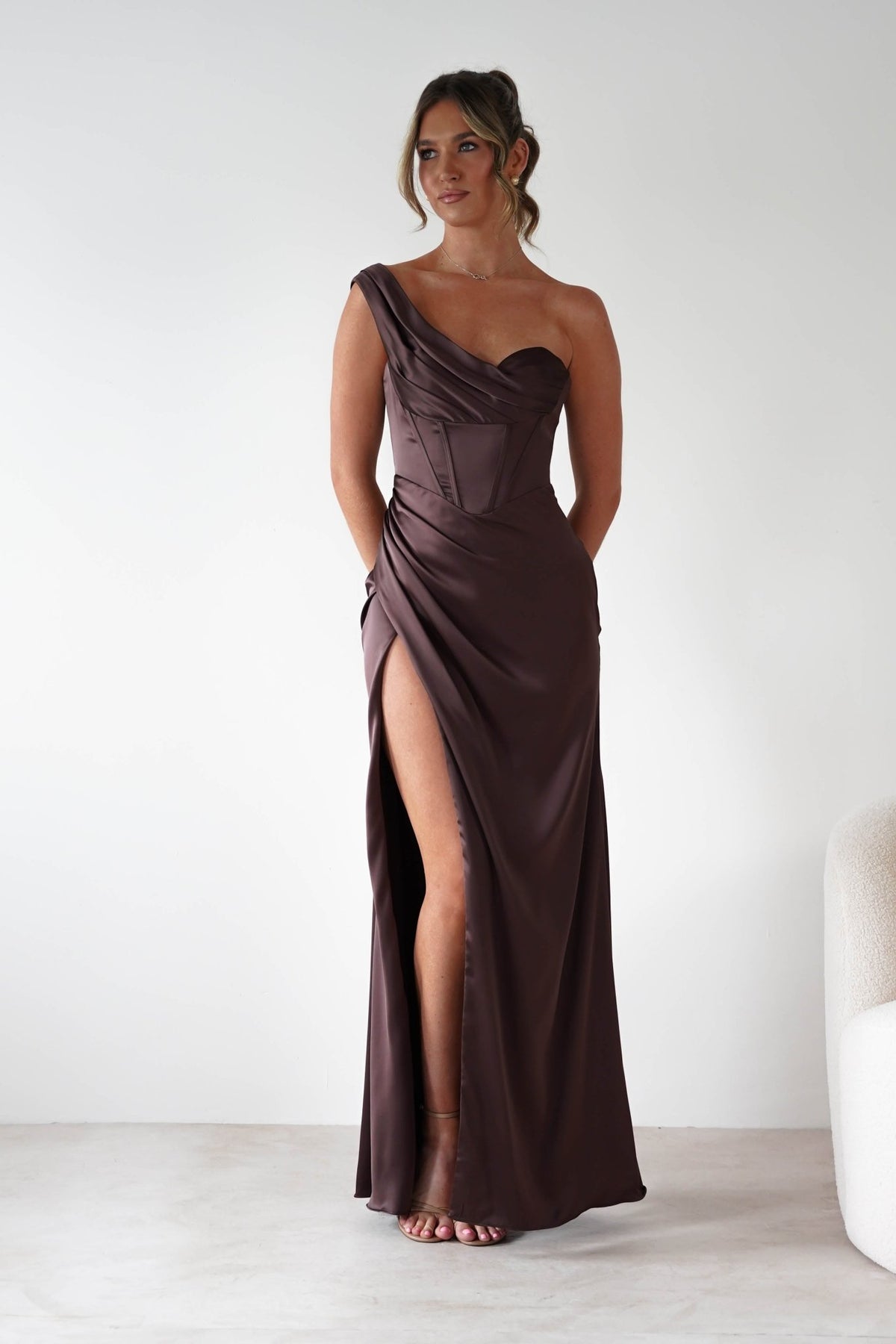 Nicolette Soft Satin Maxi Gown | Brown-Oh Hello Clothing