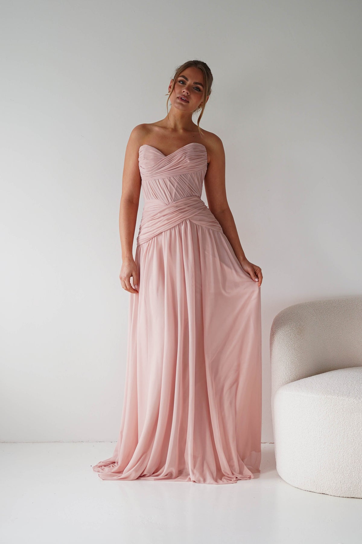 Nicolette Strapless Chiffon Maxi Gown | Blush-Oh Hello Clothing