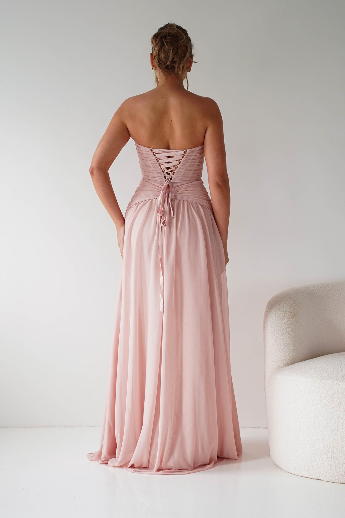 Nicolette Strapless Chiffon Maxi Gown | Blush-Oh Hello Clothing