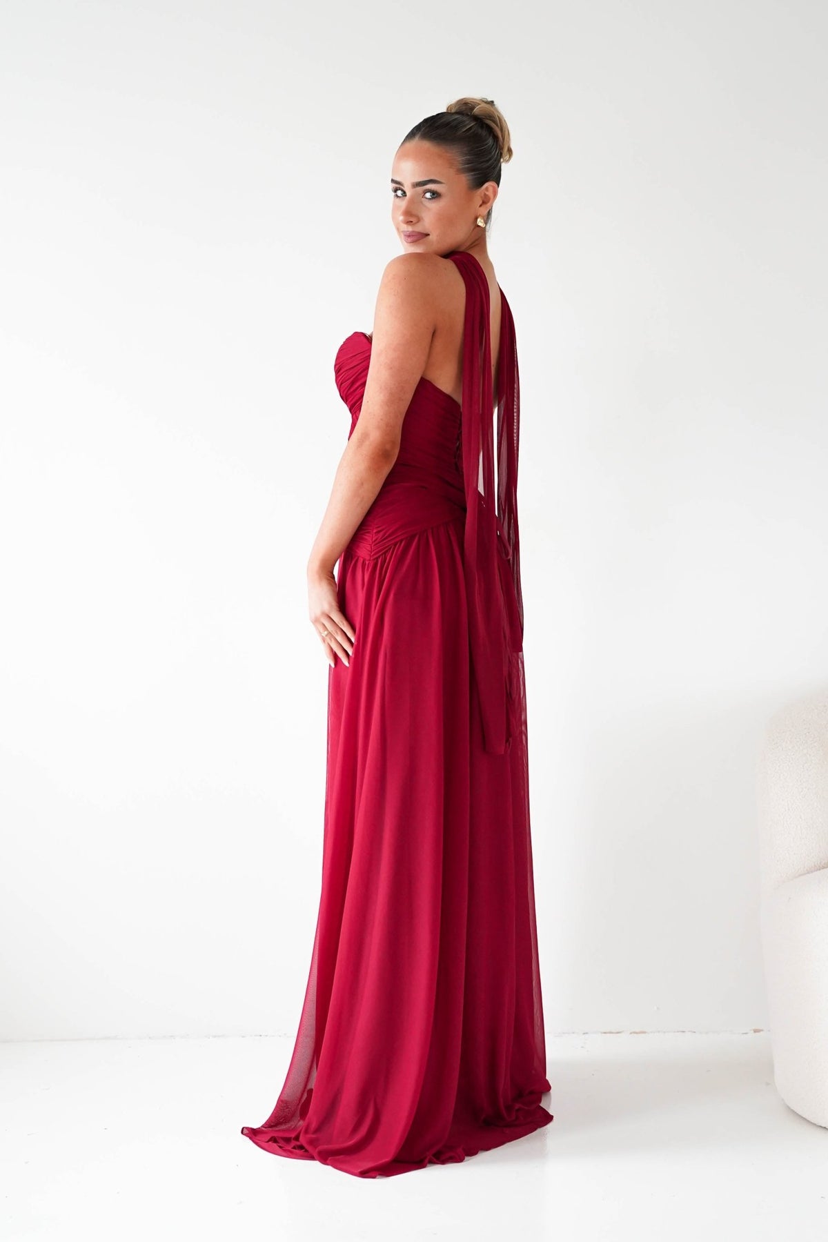 Nicolette Strapless Chiffon Maxi Gown | Dark Red-Oh Hello Clothing