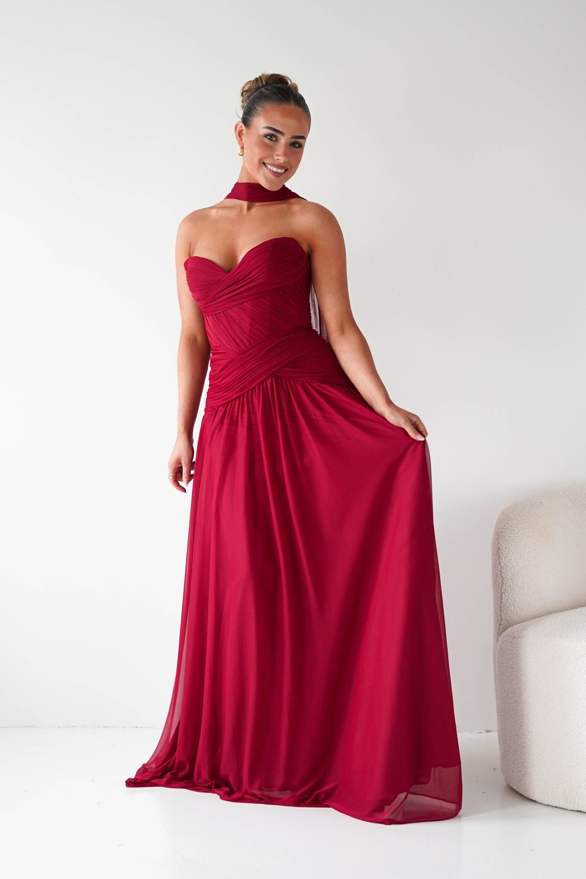 Nicolette Strapless Chiffon Maxi Gown | Dark Red-Oh Hello Clothing
