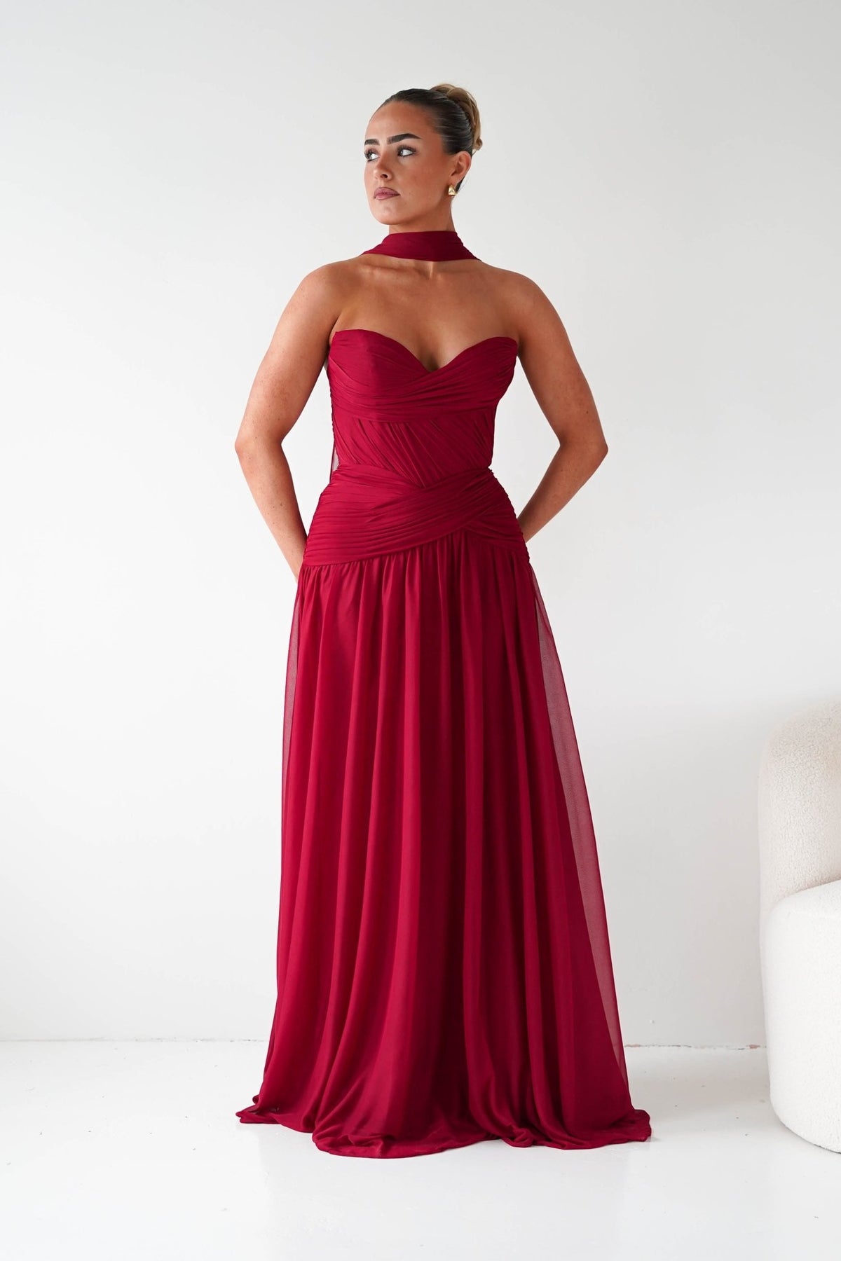 Nicolette Strapless Chiffon Maxi Gown | Dark Red-Oh Hello Clothing