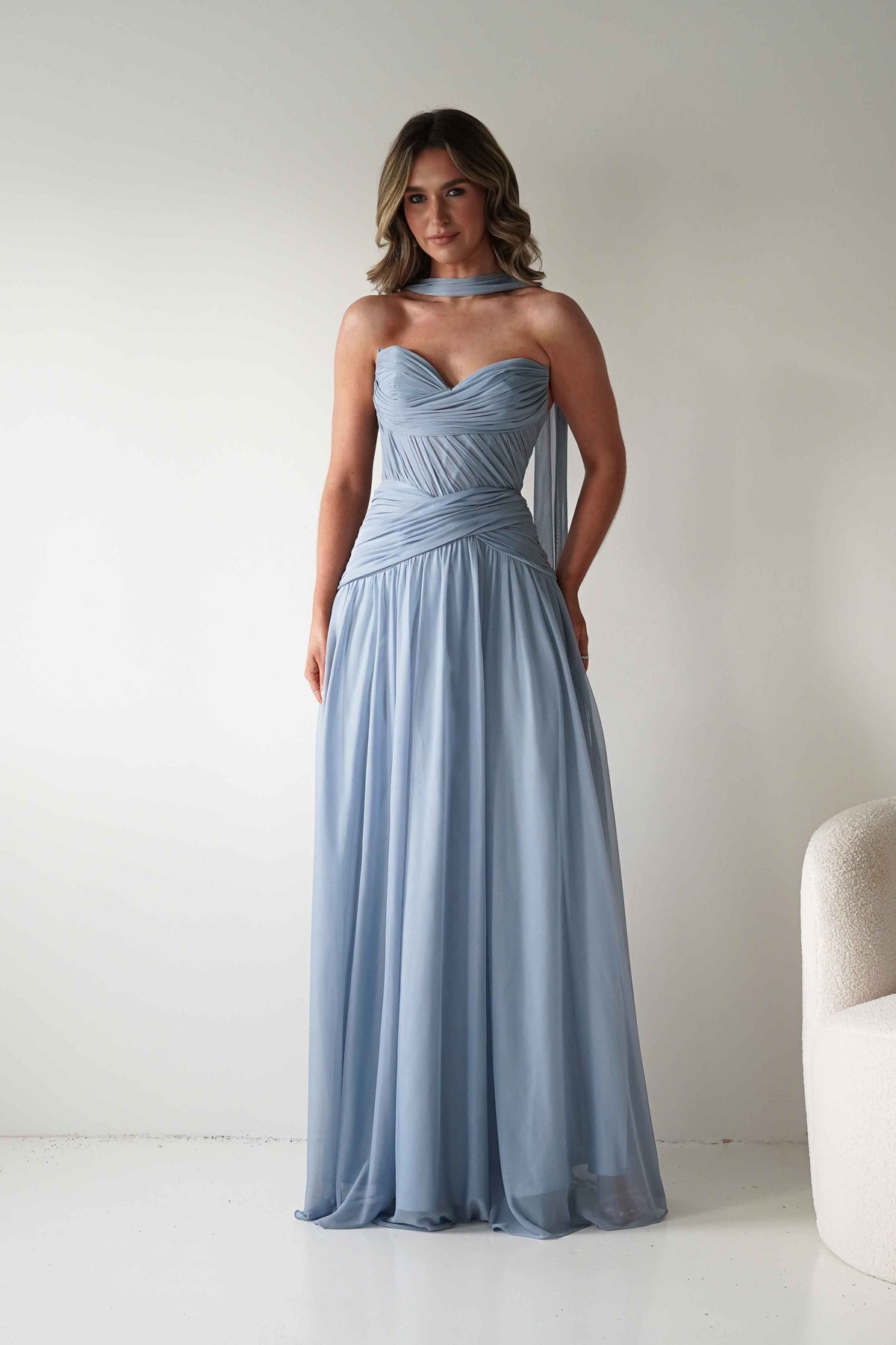 Nicolette Strapless Chiffon Maxi Gown | Dusty Blue-Oh Hello Clothing
