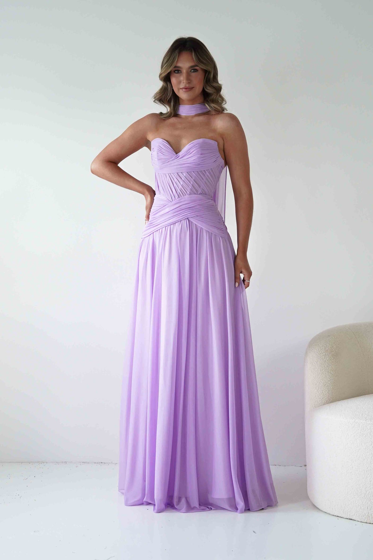 Nicolette Strapless Chiffon Maxi Gown | Lavender-Oh Hello Clothing