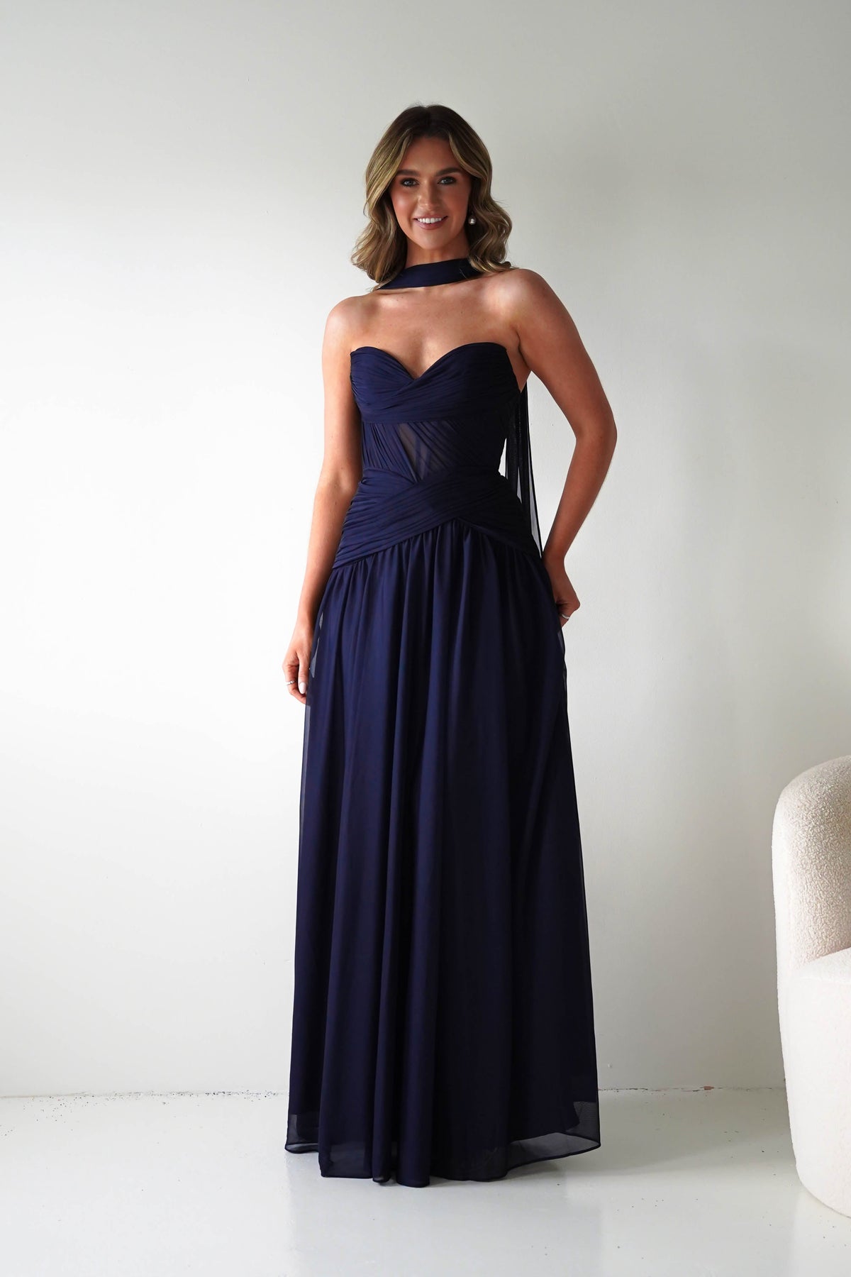 Nicolette Strapless Chiffon Maxi Gown | Navy-Oh Hello Clothing