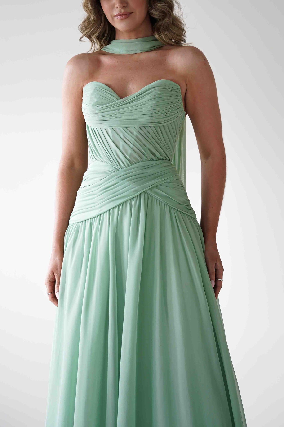 Nicolette Strapless Chiffon Maxi Gown | Sage-Oh Hello Clothing
