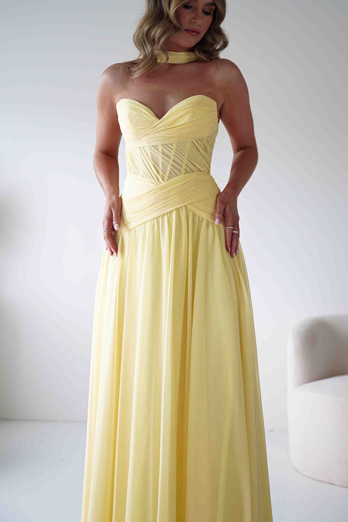 Nicolette Strapless Chiffon Maxi Gown | Yellow-Oh Hello Clothing