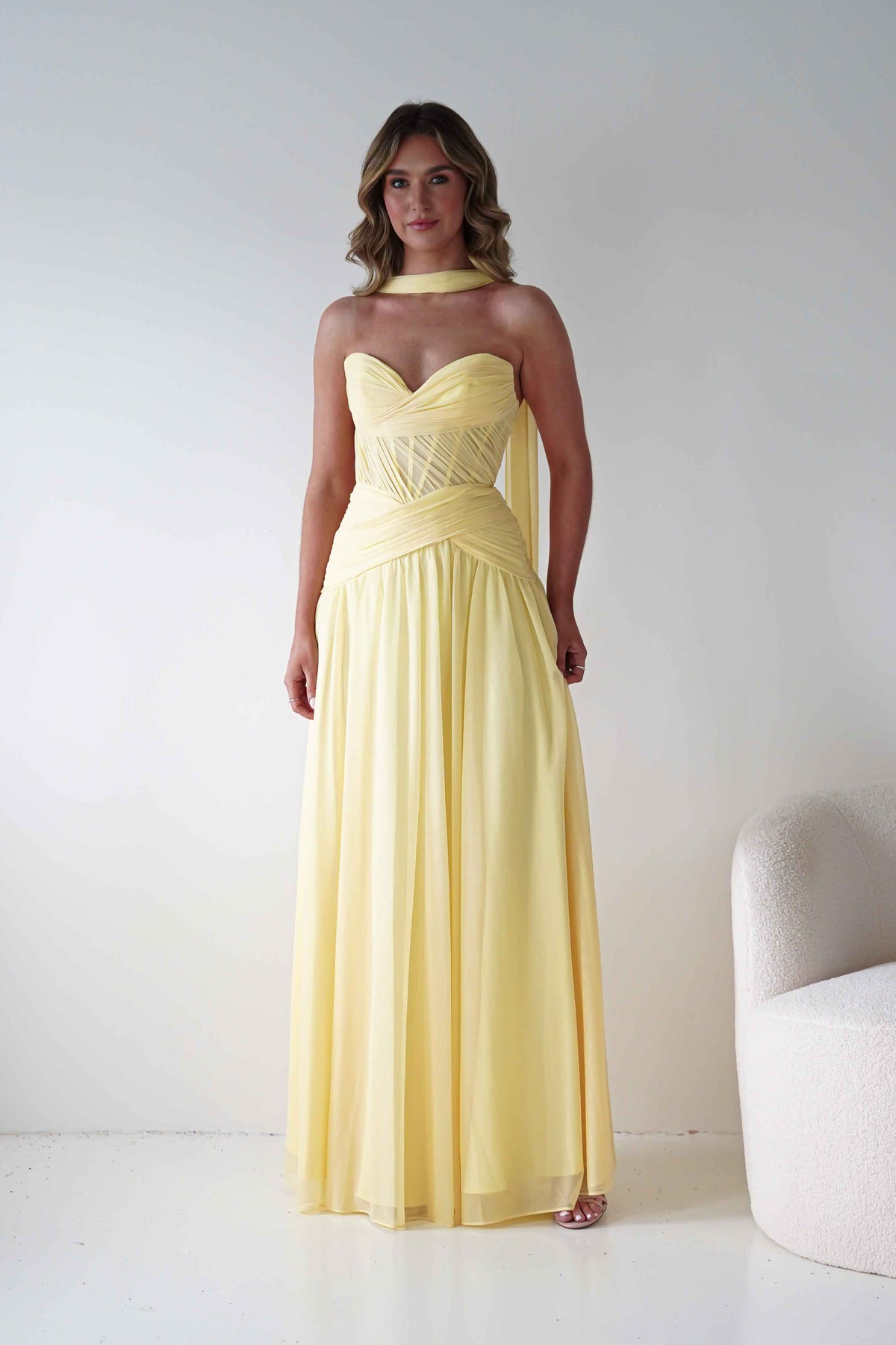 Nicolette Strapless Chiffon Maxi Gown | Yellow-Oh Hello Clothing